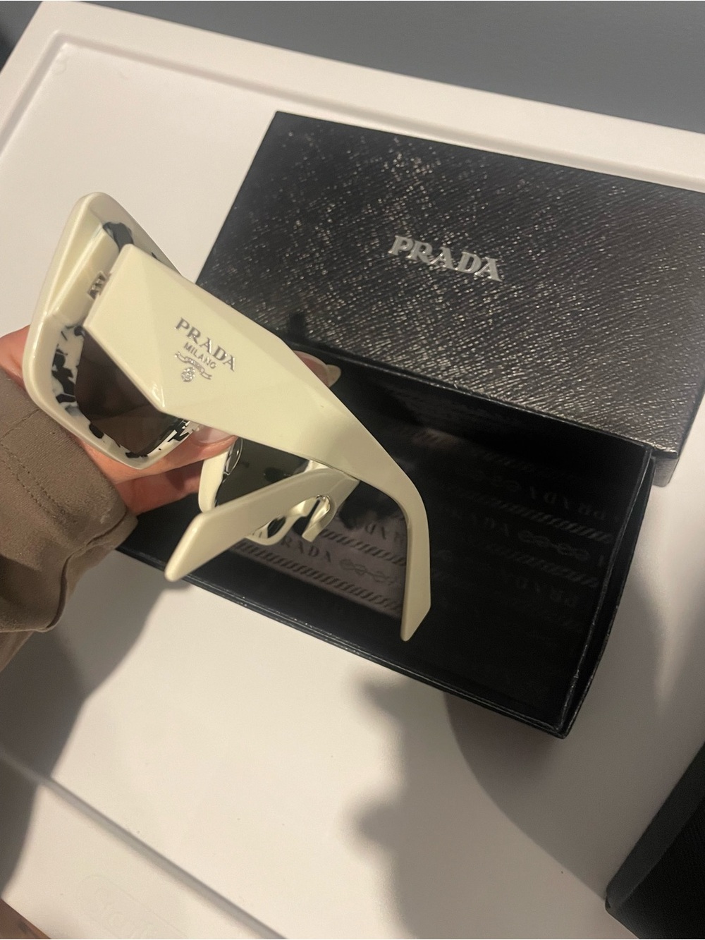 Prada Cream Rectangular Sunglasses with Marble Temples - Picture 3 of 7